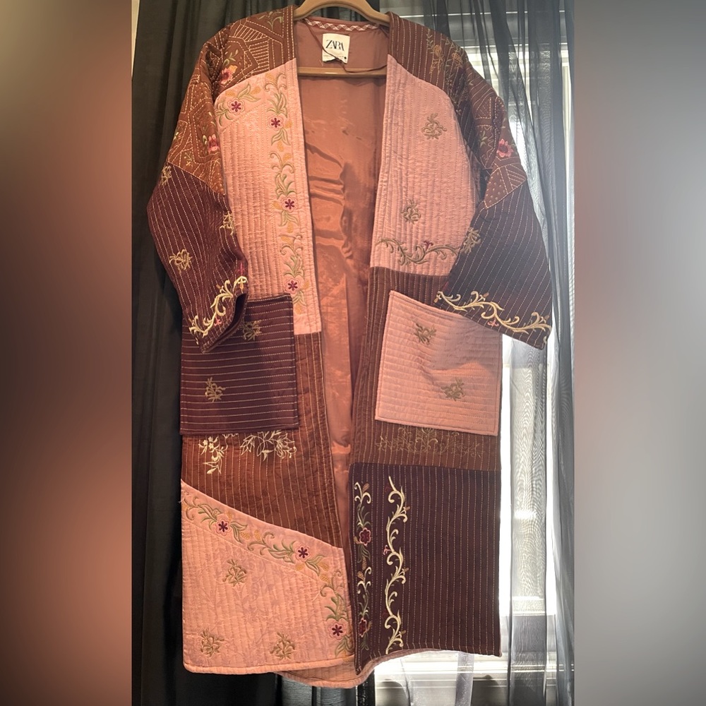 Limited edition Zara patchwork kimono plum brown pink green hues gold stitching
